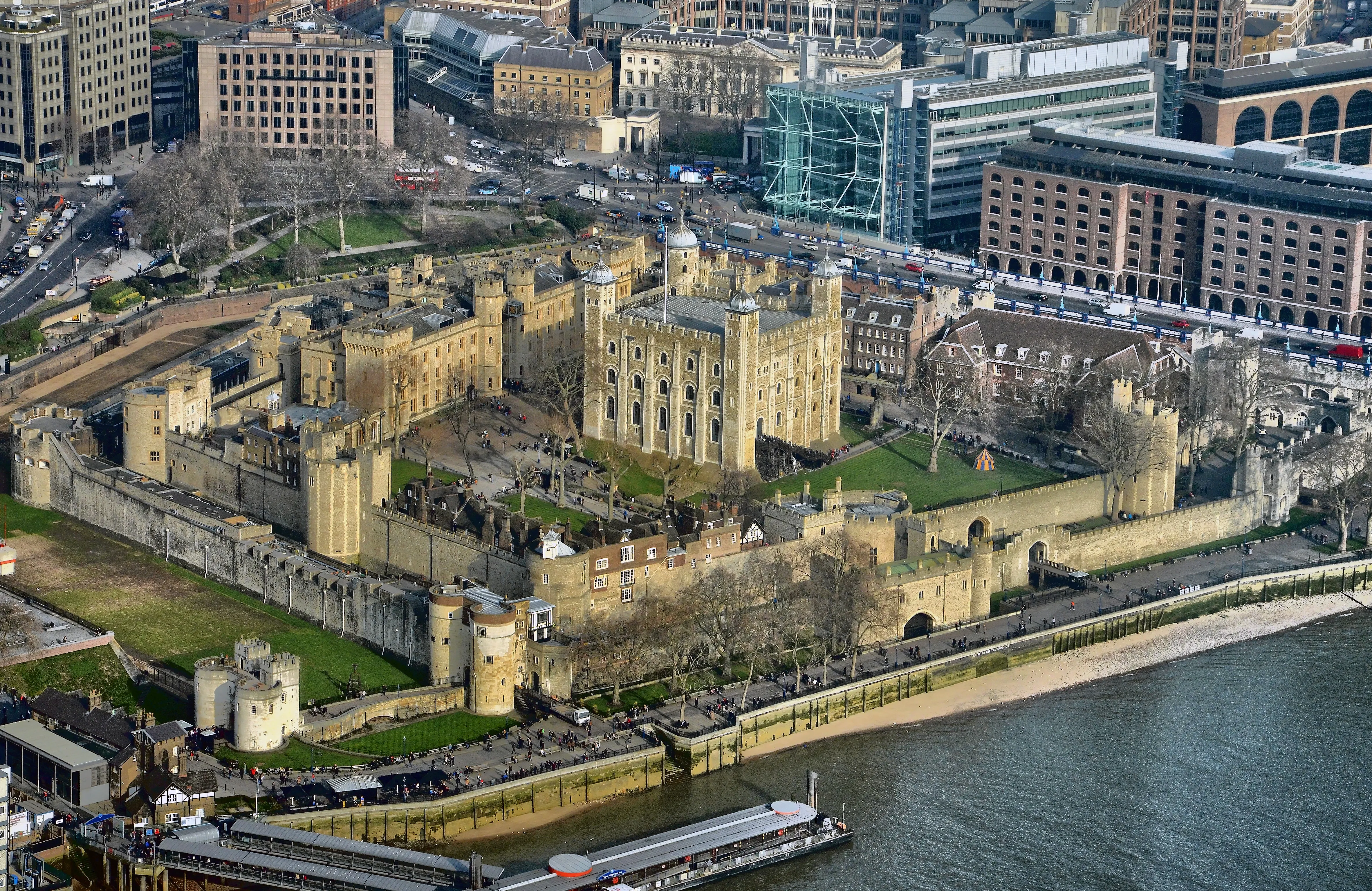 Aerial view of the Tower of London beside the Thames